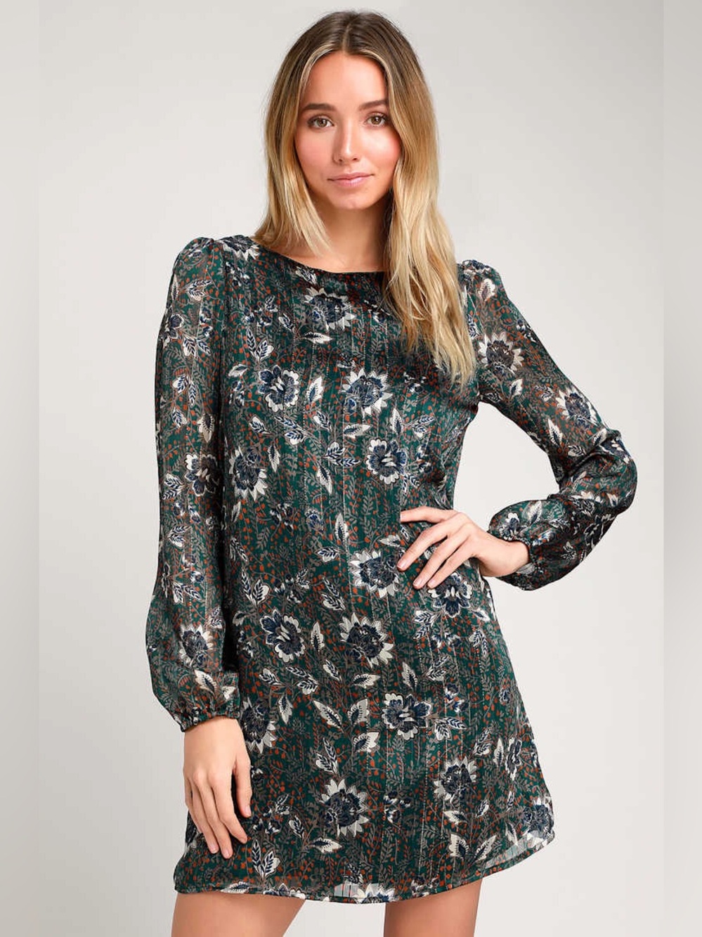 Lulus Ashford Forest Green Floral‎ Shift Dress medium
